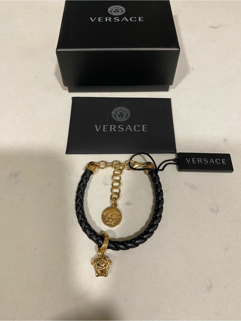 Versace Black Braided Leather Bracelet with Gold Medusa Charm and Chain